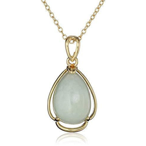18K Yellow Gold Plated 925 Sterling Silver Genuine Green Jade Open Teardrop  Pendant Necklace, 18