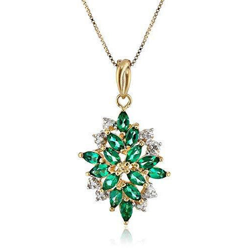 18K Yellow Gold-Plated 925 Sterling Silver Emerald May Birthstone  Diamond-Accented Cluster Pendant Necklace, 18