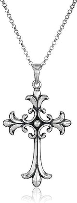 MORGAN & PAIGE Fleur de Lys Celtic Cross Knot Pendant Necklace for Women - 925 Sterling Silver Rhodium-Plated or with Swiss Blue Topaz Lightweight and Hypoallergenic for Sensitive Skin, 18" Rolo Chain