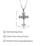 MORGAN & PAIGE Fleur de Lys Celtic Cross Knot Pendant Necklace for Women - 925 Sterling Silver Rhodium-Plated or with Swiss Blue Topaz Lightweight and Hypoallergenic for Sensitive Skin, 18" Rolo Chain