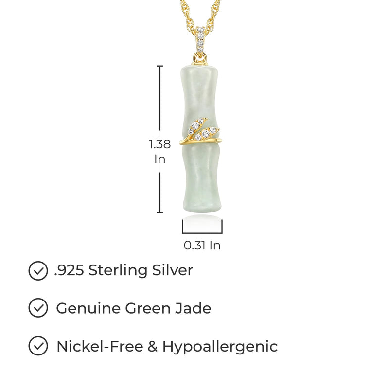 Bamboo Pendant Necklace – 14k Gold-Plated Sterling Silver, Genuine Green Jade and White Topaz, 18-inch Rope Chain with 2-inch Extender, Secure Lobster Clasp, Elegant Gift Box Included