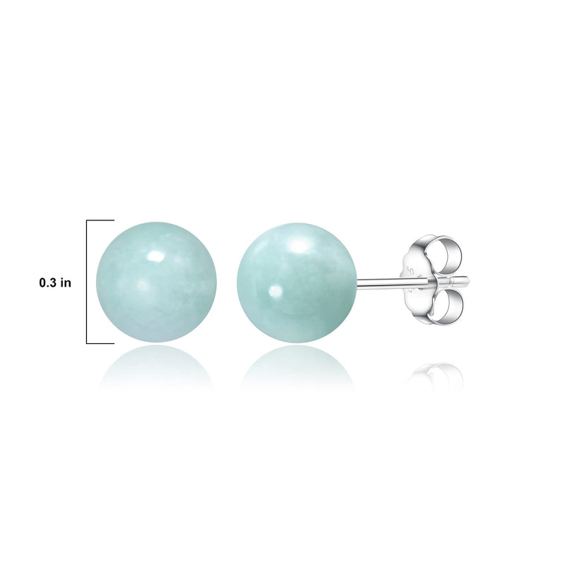 .925 Sterling Silver Natural Gemstone 8mm Round Sphere Ball Stud Earrings with butterfly-back in Green Jade or Purple Amethyst with Butterfly-backs