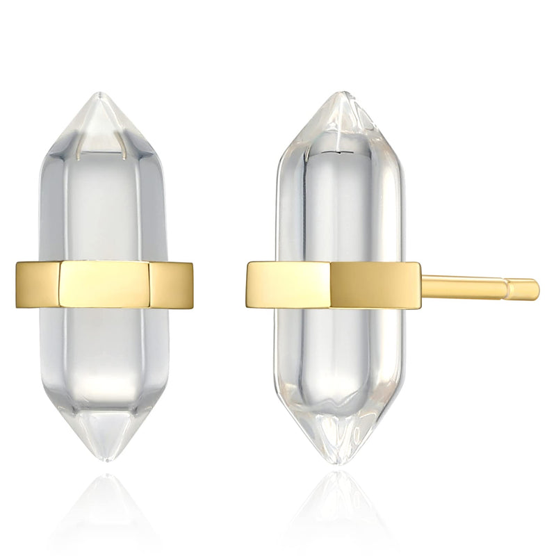 MORGAN & PAIGE Healing Crystal Quartz Stud Earrings for Women - 18K Yellow Gold Plated Sterling Silver Chakra Point, Hexagonal Points Stone