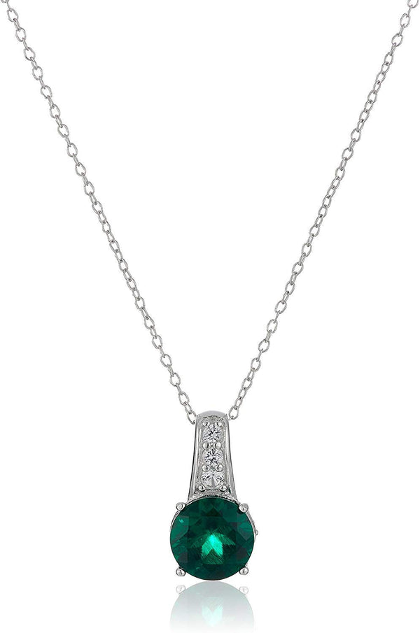 Rhodium Plated Sterling Silver Round Created Ruby, Emerald 8mm and Created White Sapphire Pendant Necklace, 18"