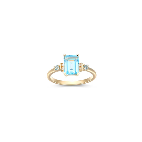 MORGAN & PAIGE 10K Yellow Gold Rectangular-Cut Swiss Blue Topaz Diamond-Accented Ring (I-J Color, I2-I3 Clarity) - Size 7