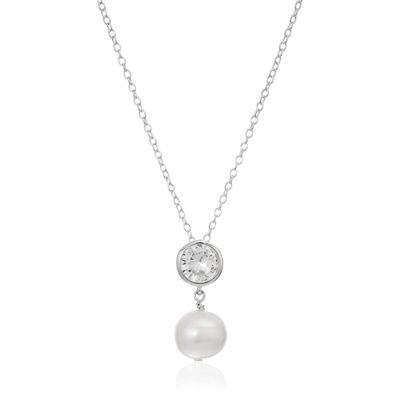 MORGAN & PAIGE .925 Sterling Silver Rhodium Plated Birthstone Necklace - Elegant Freshwater Cultured Pearl Necklace and Gemstone Necklace, Bezel-Set Pearl Drop Necklaces for Women Jewelry 18"