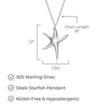 MORGAN & PAIGE .925 Sterling Silver Platinum Plated Starfish Pendant Necklaces for Women - Hypoallergenic and Elegant Jewelry Dainty Sterling Silver Necklace for Women, 18" Cable Chain