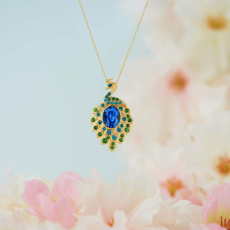 MORGAN & PAIGE 18K Yellow Gold Plated Sterling Silver Blue and Green Peacock Pendant Necklace Made with Crystal (18")