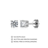 Rhodium Plated 14K White Gold Stud Earrings for Women, Lab Grown Diamonds, Secure Fastening with Butterfly Backs