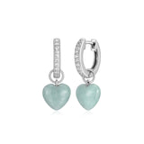 Sterling Silver Heart Earrings - Green Jade With Cubic Zirconia Accents, Rhodium-Plated, Hypoallergenic, Gift Box Included