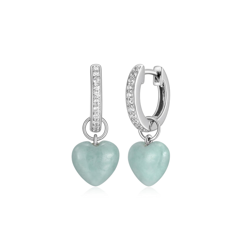 Sterling Silver Heart Earrings - Green Jade With Cubic Zirconia Accents, Rhodium-Plated, Hypoallergenic, Gift Box Included