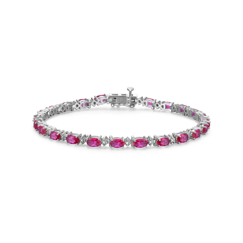 MORGAN & PAIGE .925 Sterling Silver Rhodium Plated Birthstone Tennis Bracelets for Women - Alternating Diamond and Oval Gemstone Bracelet, Secure Locking Clasp Birthday Gift Jewelry for Women 7.25"