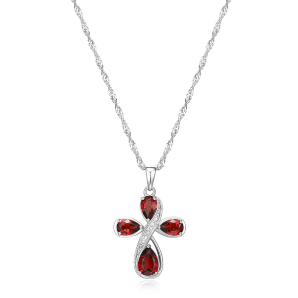 MORGAN & PAIGE Rhodium-Plated Sterling Silver Genuine Garnet and Diamond Accent 3prong-setting Cross Pendant Necklace, 18"