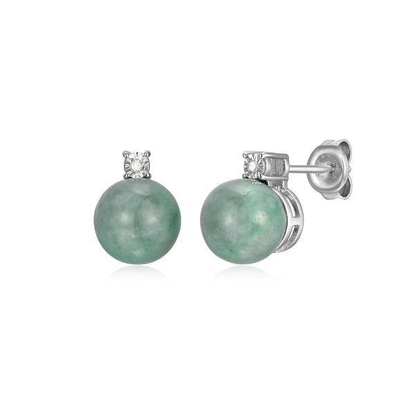 Stud Earrings for Women - Rhodium-Plated .925 Sterling Silver, Genuine Jadeite or Nephrite Jade & Diamond Accent, Hypoallergenic, Elegant Gift Box Included