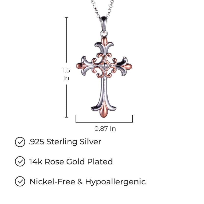 MORGAN & PAIGE Fleur de Lys Celtic Cross Knot Pendant Necklace for Women - 925 Sterling Silver Rhodium-Plated or with Swiss Blue Topaz Lightweight and Hypoallergenic for Sensitive Skin, 18" Rolo Chain