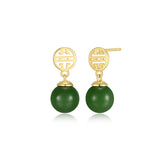 14k Yellow Gold Plated Sterling Silver Genuine Green Jade Stud Earrings for Women, Post and Push Back Fasteners