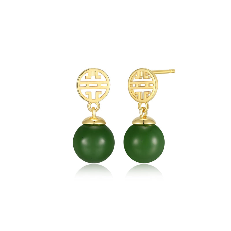 14k Yellow Gold Plated Sterling Silver Genuine Green Jade Stud Earrings for Women, Post and Push Back Fasteners