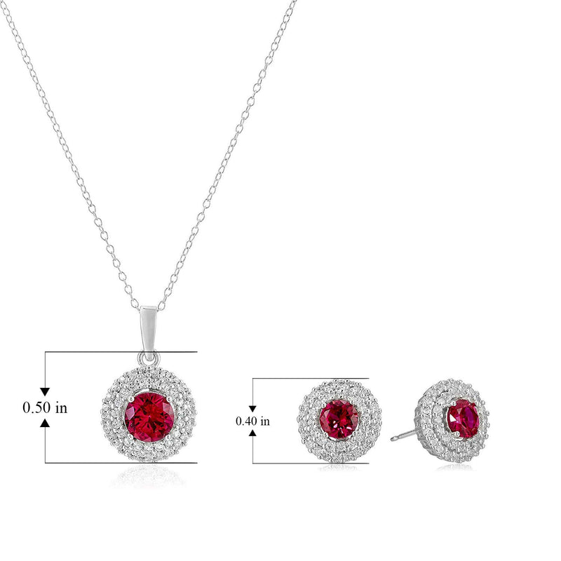 .925 Sterling Silver & Round Gemstone 18" Pendant Necklace and Stud Earrings Set with Created White Sapphire Double Halo Styling - Choice of Birthstones