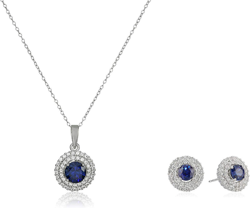 .925 Sterling Silver & Round Gemstone 18" Pendant Necklace and Stud Earrings Set with Created White Sapphire Double Halo Styling - Choice of Birthstones