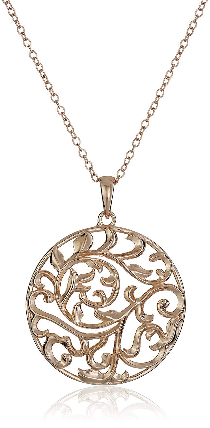 18K Yellow Gold or 14K Rose Gold Plated 925 Sterling Silver Filigree Round Flower Pendant Necklace or Drop Earrings