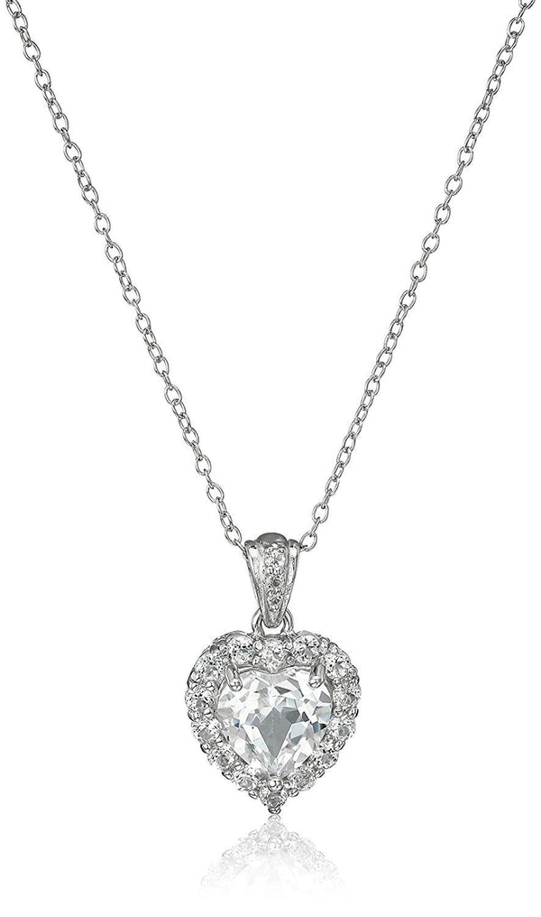 MORGAN & PAIGE Platinum-Plated .925 Sterling Silver Gemstone 1/2" Heart Pendant with White Topaz Halo on 18" Chain - Choice of Birthstone Colors