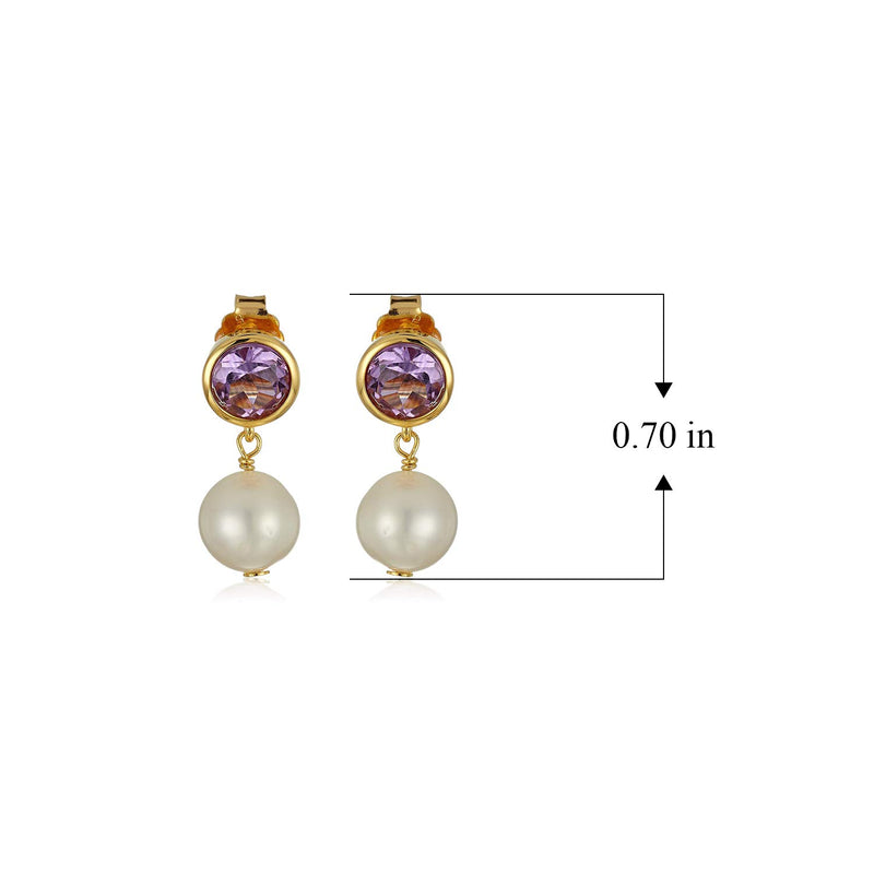 MORGAN & PAIGE 925 Sterling Silver Bezel-Set Gemstone Birthstone and 8mm White Freshwater Cultured Pearl Post Drop Earrings