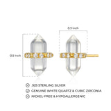 MORGAN & PAIGE Healing Crystal Quartz Stud Earrings for Women - 18K Yellow Gold Plated Sterling Silver Chakra Point, Hexagonal Points Stone