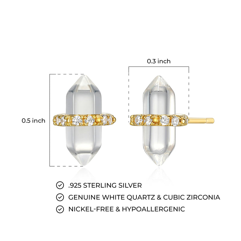 MORGAN & PAIGE Healing Crystal Quartz Stud Earrings for Women - 18K Yellow Gold Plated Sterling Silver Chakra Point, Hexagonal Points Stone