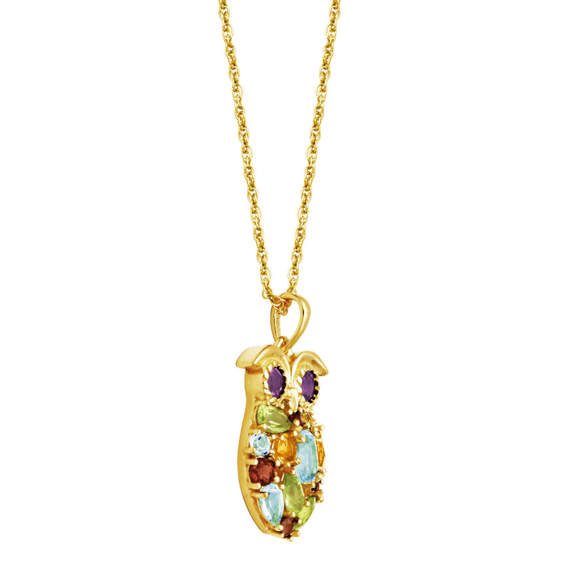 MORGAN & PAIGE 18k Yellow Gold Plated Sterling Silver Genuine Multi Gemstone Owl Pendant Necklace, 18"