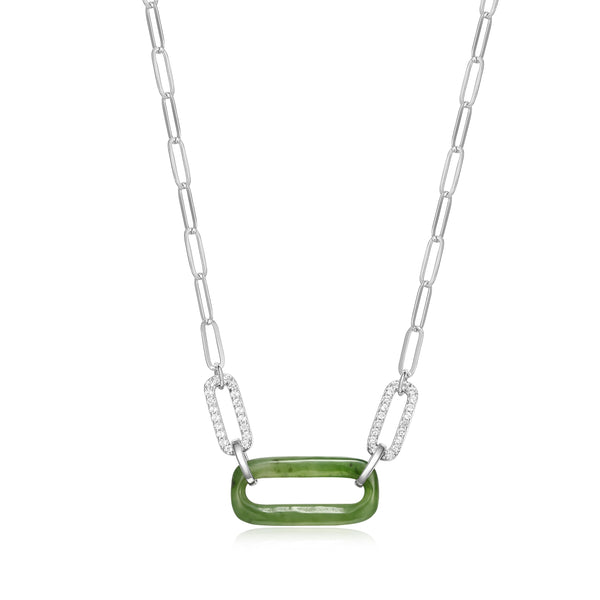 Genuine Green Jade and White Topaz Paperclip Necklace – Rhodium-Plated Sterling Silver, 18-inch Chain with 2-inch Extender, Hypoallergenic, Elegant Gift Box Included