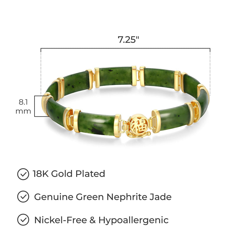 18K Yellow Gold Sterling Silver Link Bracelet for Women, Genuine Green Jade, Jadeite or Nephrite, Hypoallergenic and Nickel-Free, 7.25", Chinese Motif, Elegant Gift Box Included