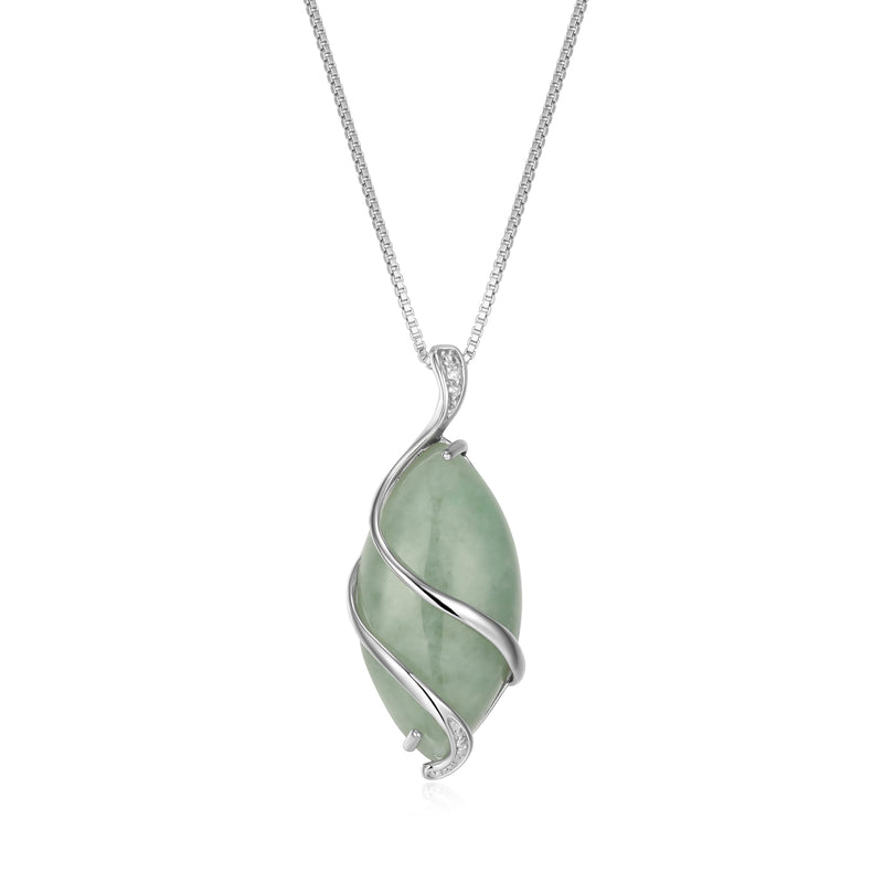 MORGAN & PAIGE .925 Sterling Silver Rhodium Plated Genuine Green Jade Necklace or Jade Earrings for Women - Wire-Wrapped Marquise Cut with Diamond Accents, Hypoallergenic Silver Jewelry Elegant Gifts