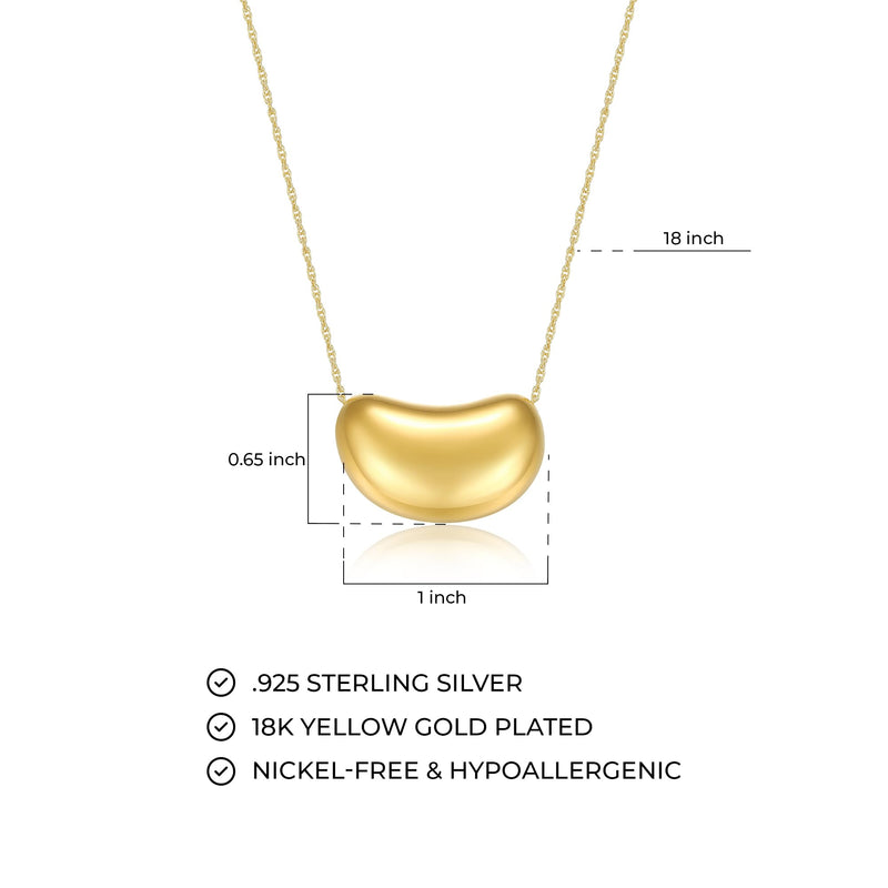 MORGAN & PAIGE .925 Sterling Silver Rhodium Plated, 14K Rose Gold or 18K Yellow Gold Necklaces for Women, Bean Shape Pendant Design Sterling Silver Necklace for Women, Classic Charm Jewelry 18 inch