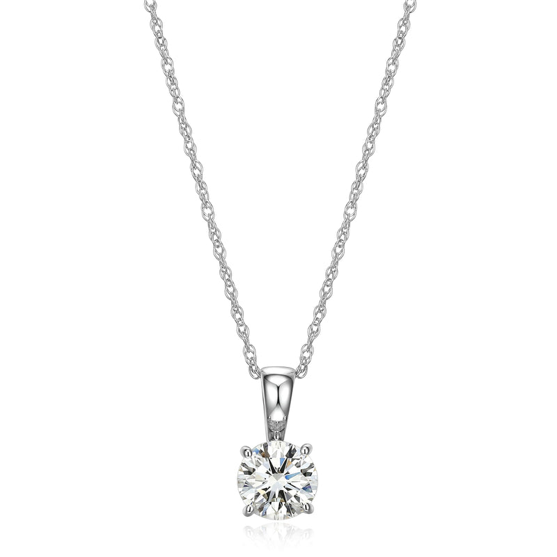 Rhodium-Plated 14K White Gold Solitaire Diamond Pendant Necklace, with Carat Lab Grown Diamond, 14 Karat White Gold Rope Chain, Lab Grown Diamond Necklaces for Women