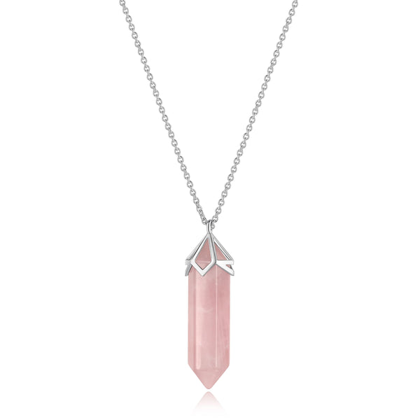 MORGAN & PAIGE .925 Sterling Silver Plated Rose Quartz Crystal Mineral 40x10mm Hexagonal Point Pendulum Chakra Pendant Necklace, 32" + 2"