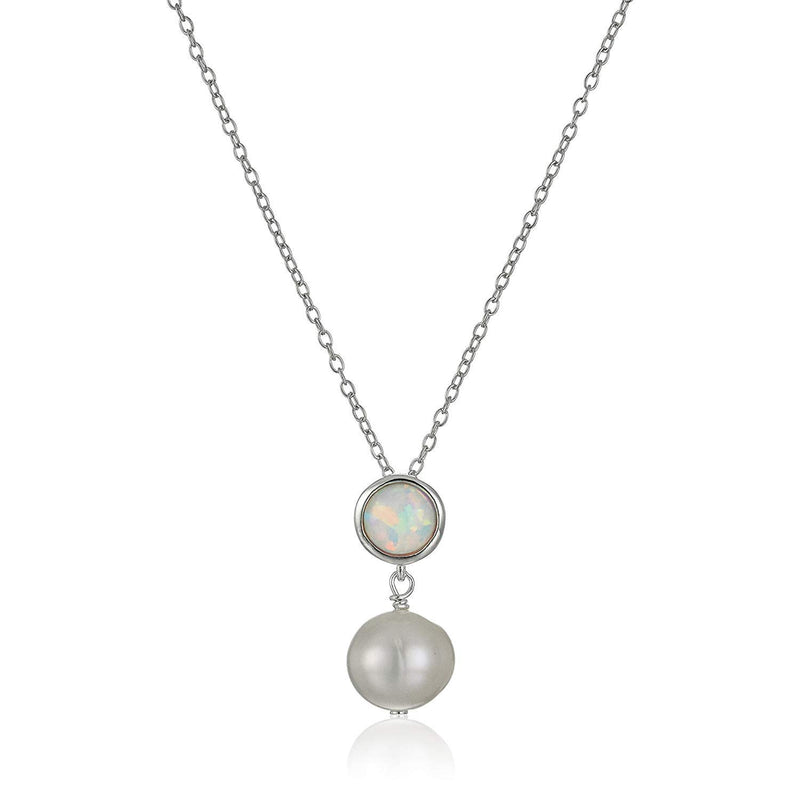 MORGAN & PAIGE .925 Sterling Silver Rhodium Plated Birthstone Necklace - Elegant Freshwater Cultured Pearl Necklace and Gemstone Necklace, Bezel-Set Pearl Drop Necklaces for Women Jewelry 18"