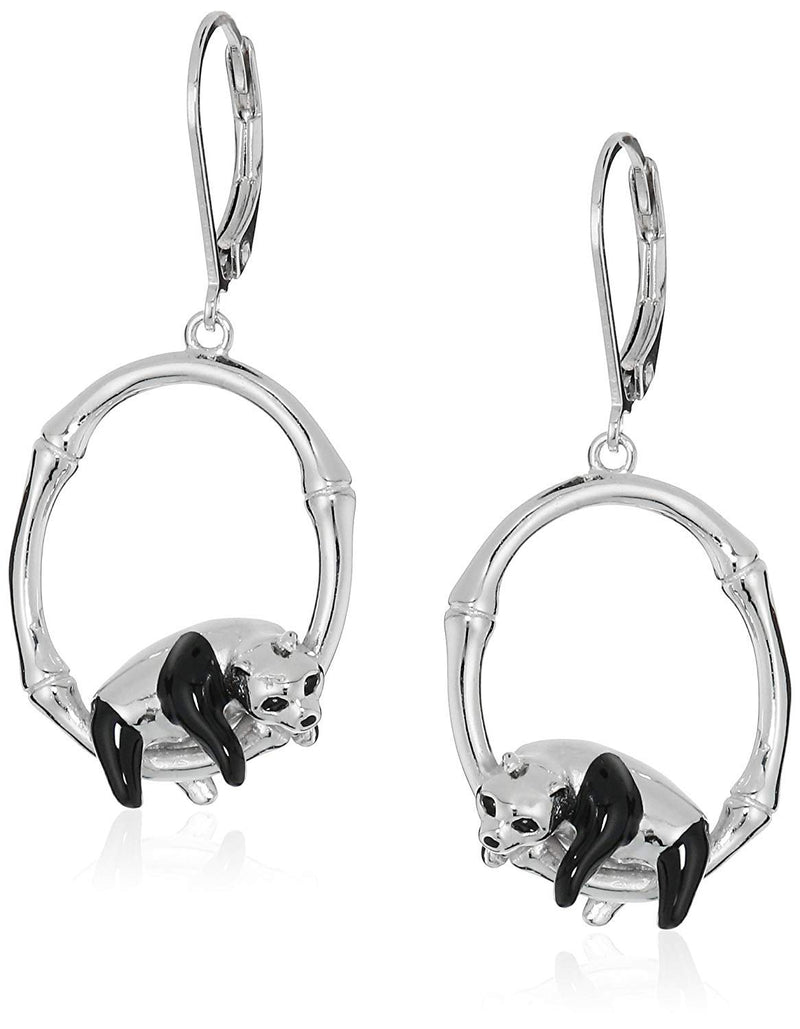 MORGAN & PAIGE Rhodium Plated 925 Sterling Silver Black Epoxy Panda Bear on Bamboo Ring Drop Earrings