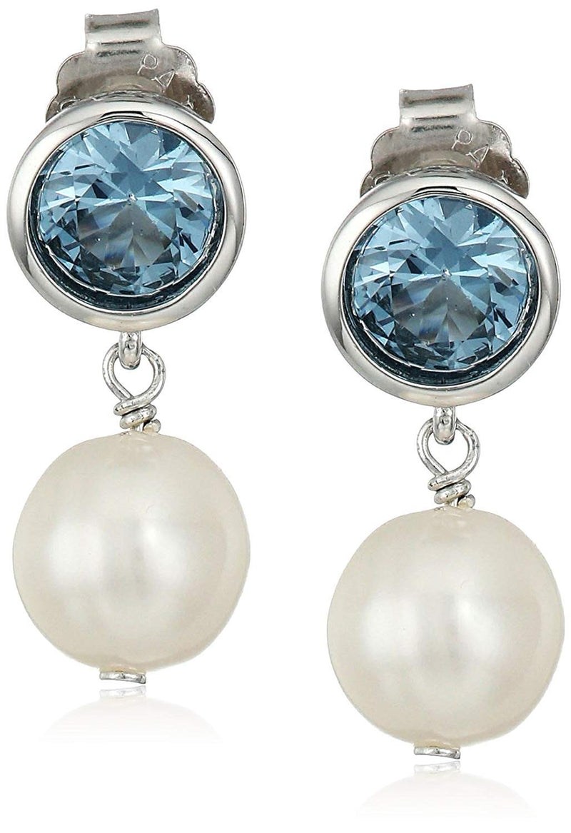 MORGAN & PAIGE 925 Sterling Silver Bezel-Set Gemstone Birthstone and 8mm White Freshwater Cultured Pearl Post Drop Earrings