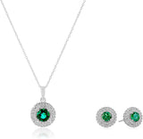 .925 Sterling Silver & Round Gemstone 18" Pendant Necklace and Stud Earrings Set with Created White Sapphire Double Halo Styling - Choice of Birthstones