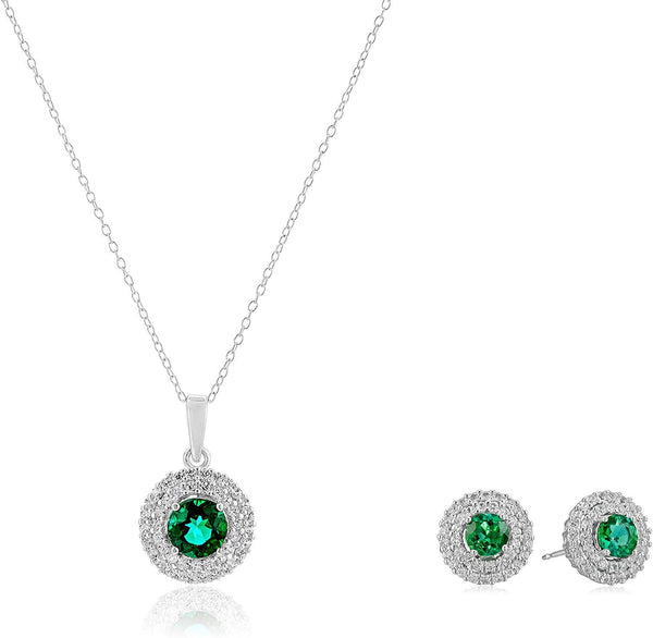 .925 Sterling Silver & Round Gemstone 18" Pendant Necklace and Stud Earrings Set with Created White Sapphire Double Halo Styling - Choice of Birthstones