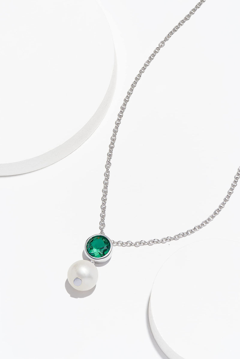 MORGAN & PAIGE .925 Sterling Silver Rhodium Plated Birthstone Necklace - Elegant Freshwater Cultured Pearl Necklace and Gemstone Necklace, Bezel-Set Pearl Drop Necklaces for Women Jewelry 18"