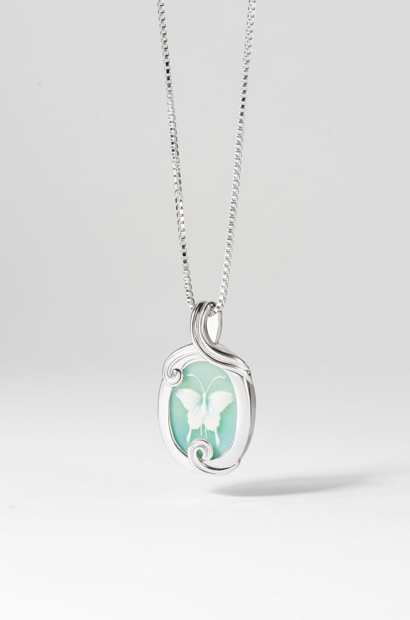 MORGAN & PAIGE .925 Sterling Silver Rhodium Plated Virgin Mary Necklace Genuine Blue Agate & Diamond or Butterfly Necklace Genuine Green Agate - Cameo Sterling Silver Jewelry Gift for Her, 18 inch