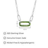 Genuine Green Jade and White Topaz Paperclip Necklace – Rhodium-Plated Sterling Silver, 18-inch Chain with 2-inch Extender, Hypoallergenic, Elegant Gift Box Included