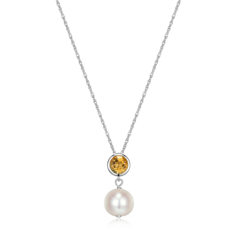 MORGAN & PAIGE .925 Sterling Silver Rhodium Plated Birthstone Necklace - Elegant Freshwater Cultured Pearl Necklace and Gemstone Necklace, Bezel-Set Pearl Drop Necklaces for Women Jewelry 18"