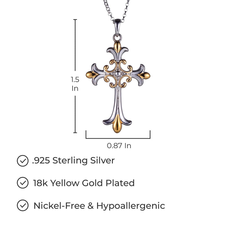 MORGAN & PAIGE Fleur de Lys Celtic Cross Knot Pendant Necklace for Women - 925 Sterling Silver Rhodium-Plated or with Swiss Blue Topaz Lightweight and Hypoallergenic for Sensitive Skin, 18" Rolo Chain