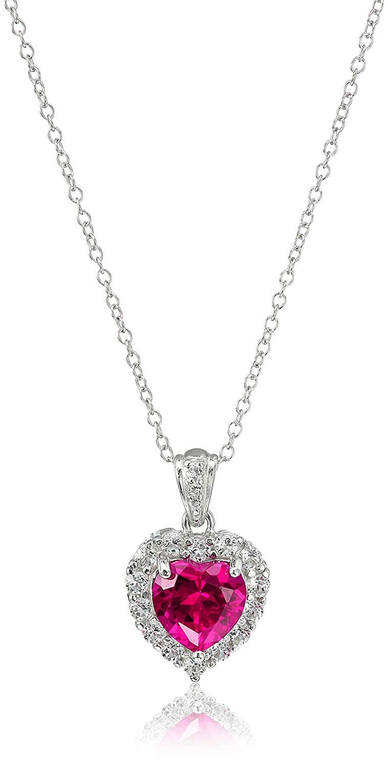 MORGAN & PAIGE Platinum-Plated .925 Sterling Silver Gemstone 1/2" Heart Pendant with White Topaz Halo on 18" Chain - Choice of Birthstone Colors