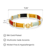 18K Yellow Gold Plated 925 Sterling Silver Genuine Multi-Color Jade Rectangle Link Bracelet, 7.25"