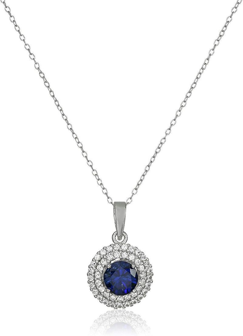 .925 Sterling Silver & Round Gemstone 18" Pendant Necklace and Stud Earrings Set with Created White Sapphire Double Halo Styling - Choice of Birthstones