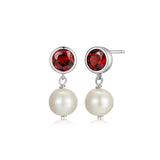 MORGAN & PAIGE 925 Sterling Silver Bezel-Set Gemstone Birthstone and 8mm White Freshwater Cultured Pearl Post Drop Earrings