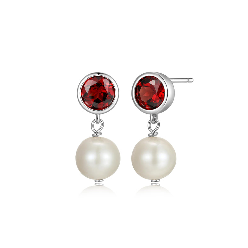 MORGAN & PAIGE 925 Sterling Silver Bezel-Set Gemstone Birthstone and 8mm White Freshwater Cultured Pearl Post Drop Earrings